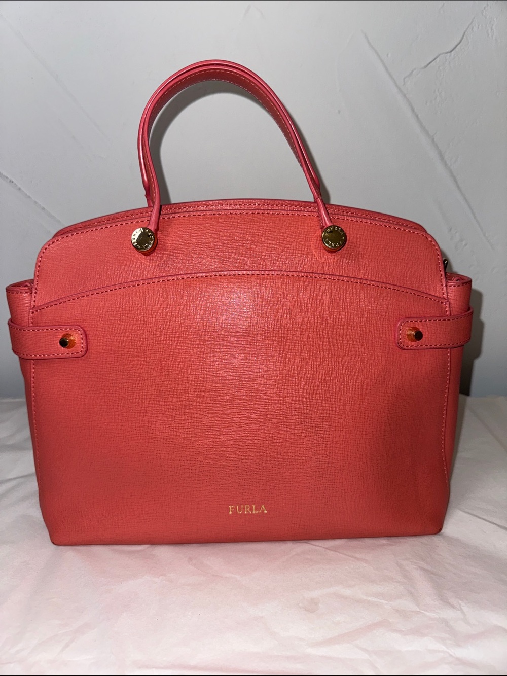 Furla Agata Coral Pink Leather Satchel with Gold Accents